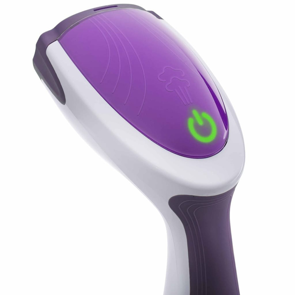 Un vaporizador de mano morado y blanco con el botón de encendido verde iluminado.