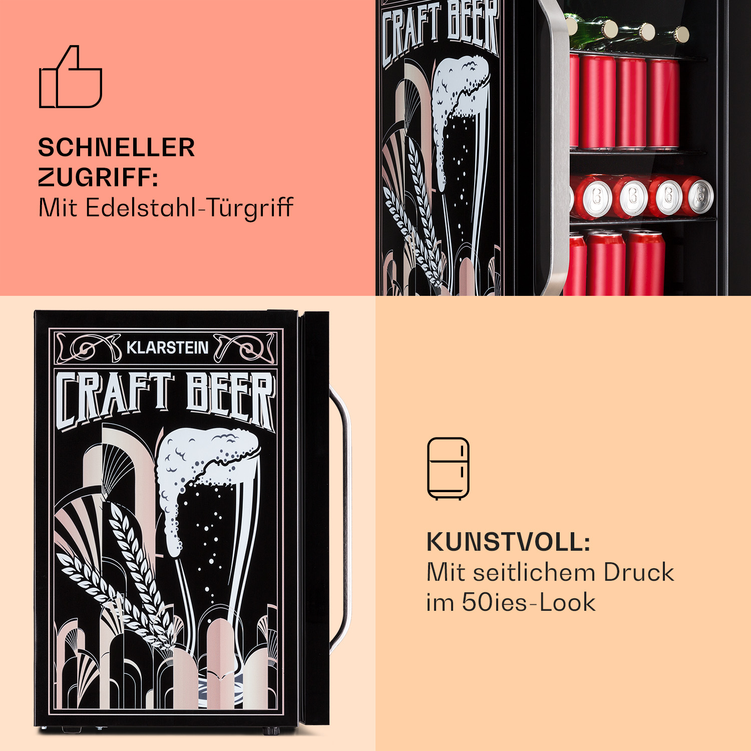 Schwarz-weißer Bierkühlschrank mit Text. Hat ein Bierglas-Design und eine rote Dosenanzeige im Inneren.