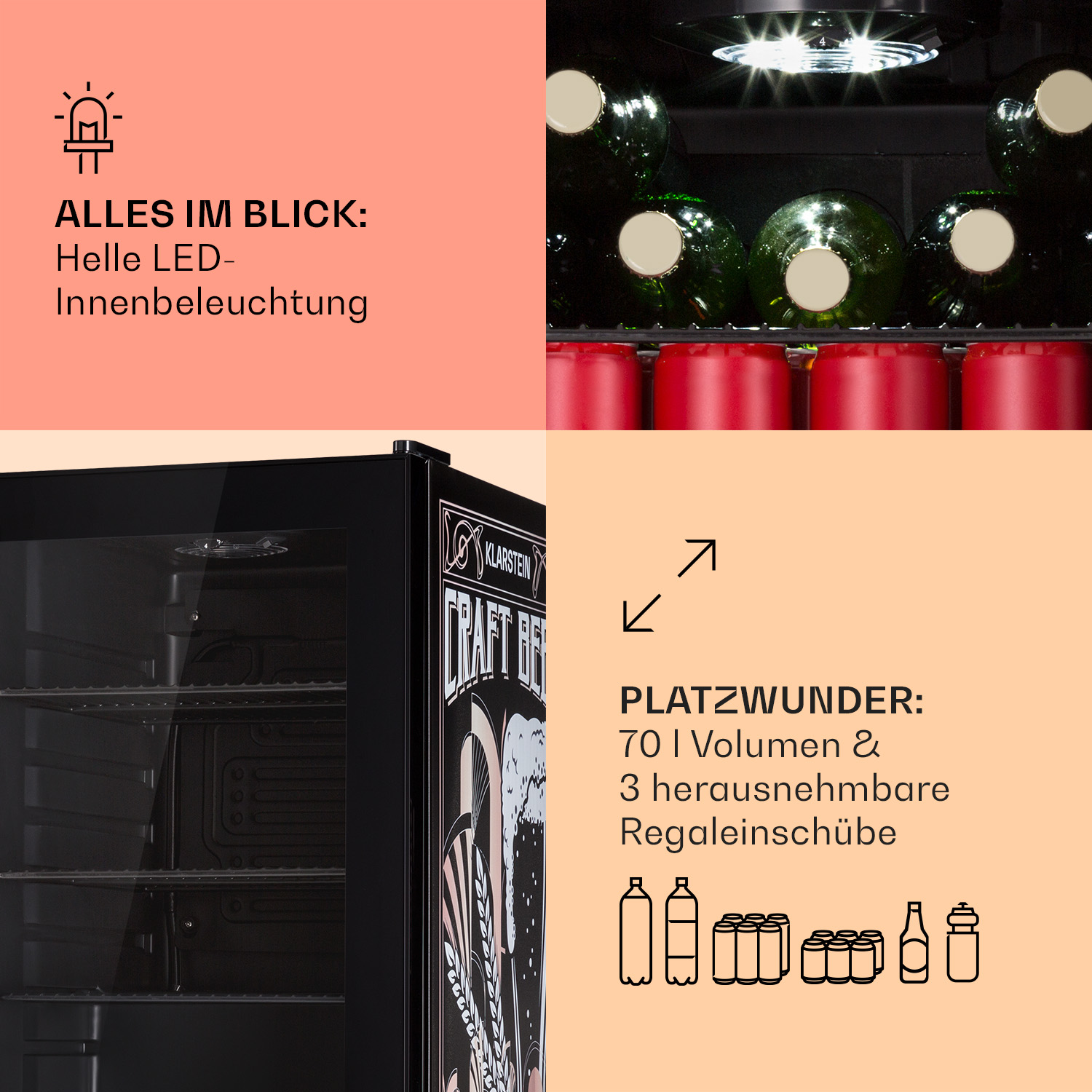Ein schwarzer und silberner Minikühlschrank mit Glastür, der Flaschen und rote Dosen enthält, und Text.