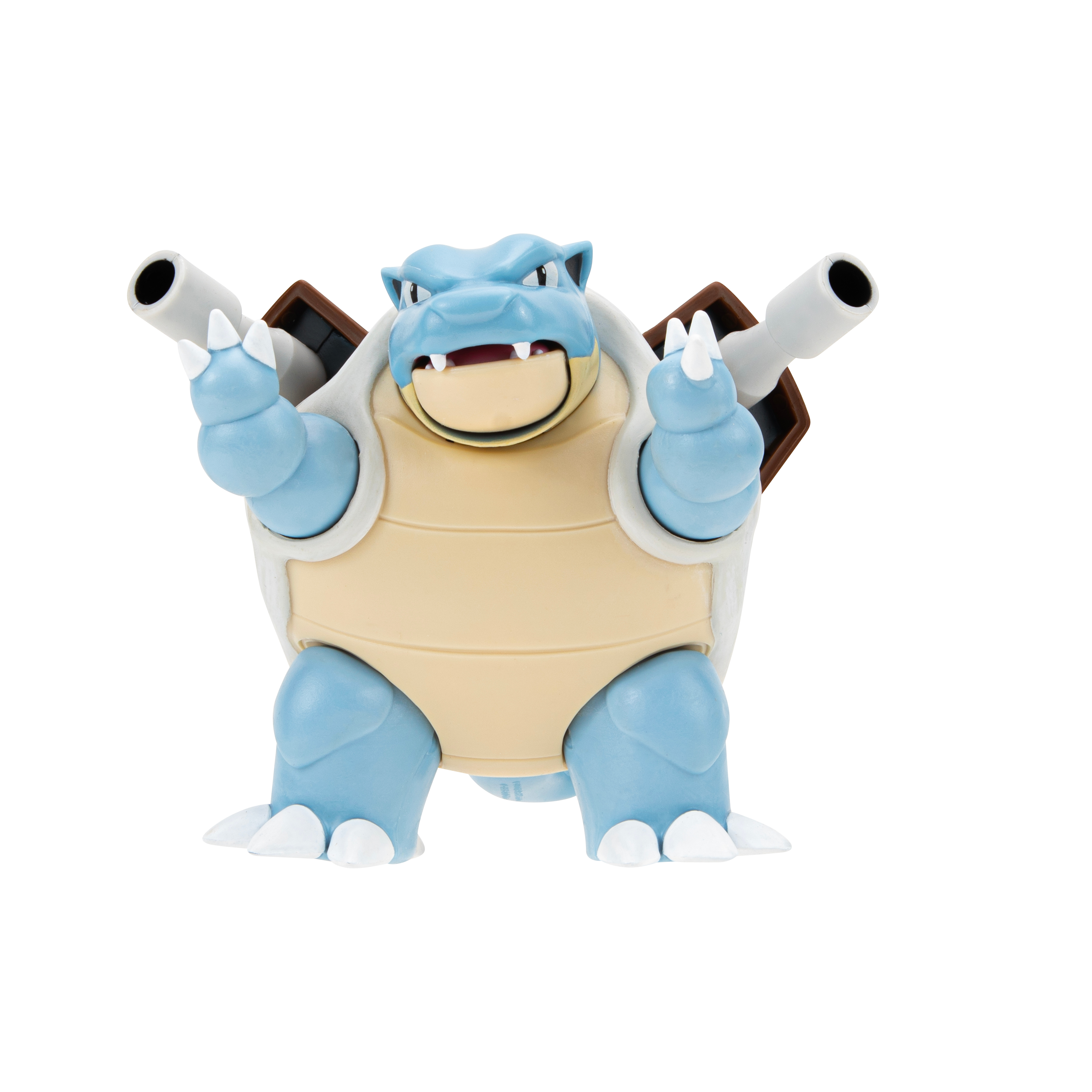 Eine blaue Blastoise-Pokemon-Figur mit erhobenen Armen, Kanonen draußen und offenem Mund. Sie steht auf weißem Hintergrund.