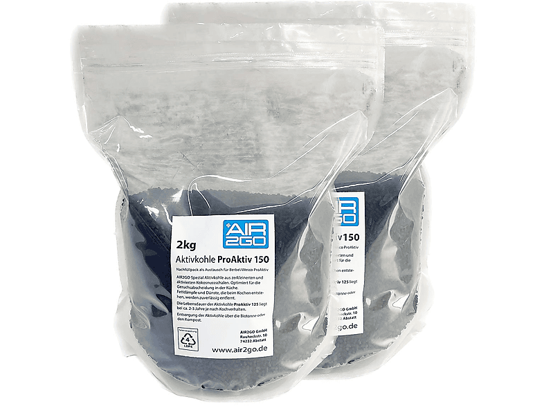 AIR2GO Nachfüllpack für Berbel Aktivkohle Dunstabzug Pro Aktiv 150 4,0 kg Aktivkohlefilter | Zubehör für Dunstabzugshauben