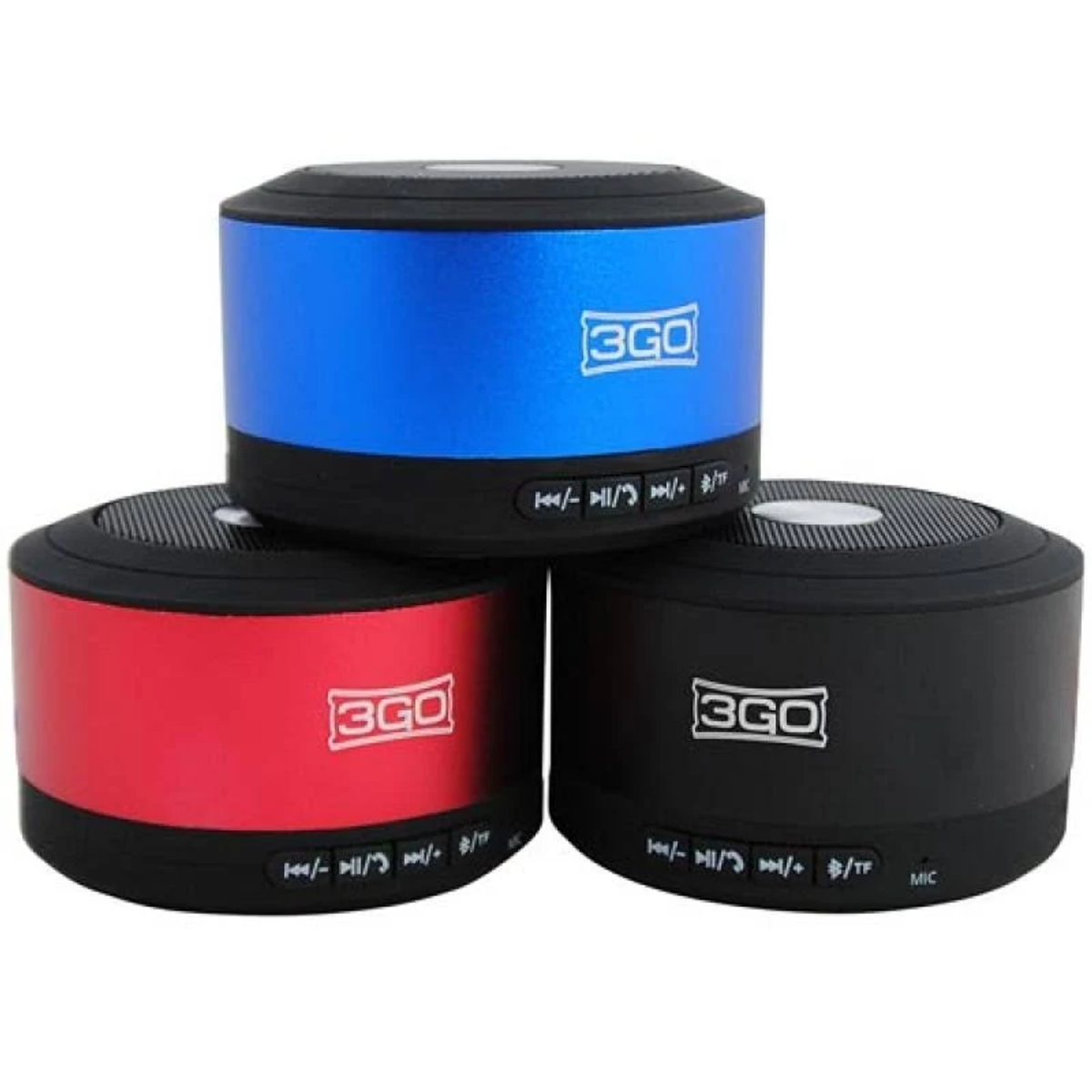 Trzy cylindryczne głośniki, niebieski, czerwony i czarny, każdy z logo 3GO i przyciskami.