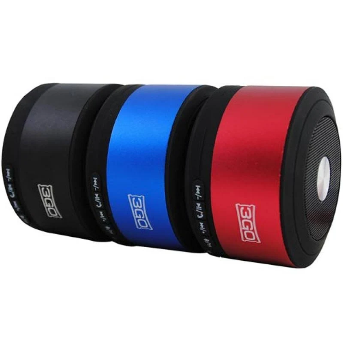 Trzy małe głośniki, czarny, niebieski i czerwony, z czarnym pierścieniem wokół każdego.