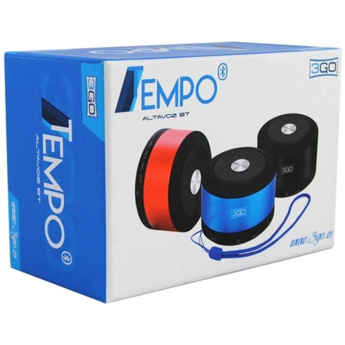 Pudełko z trzema okrągłymi, kolorowymi głośnikami. Niebieskie, czerwone i czarne głośniki.
