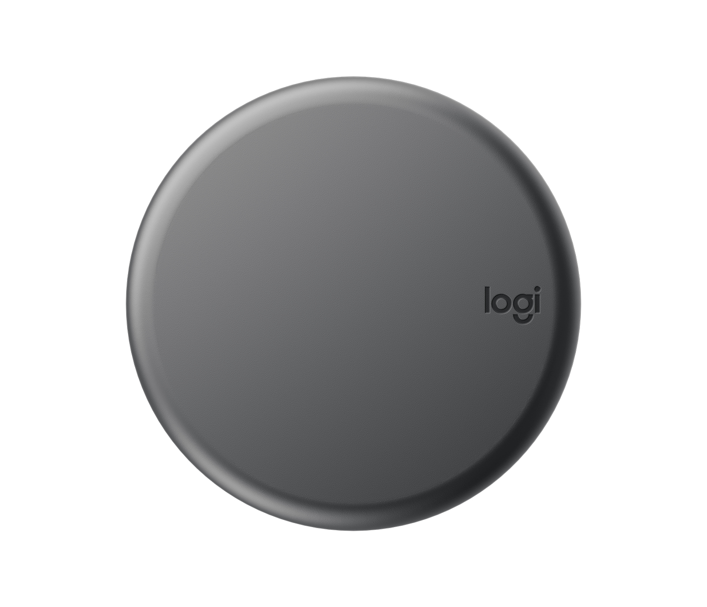 Un cargador inalámbrico redondo y gris con la palabra "logi" impresa, sobre fondo blanco.