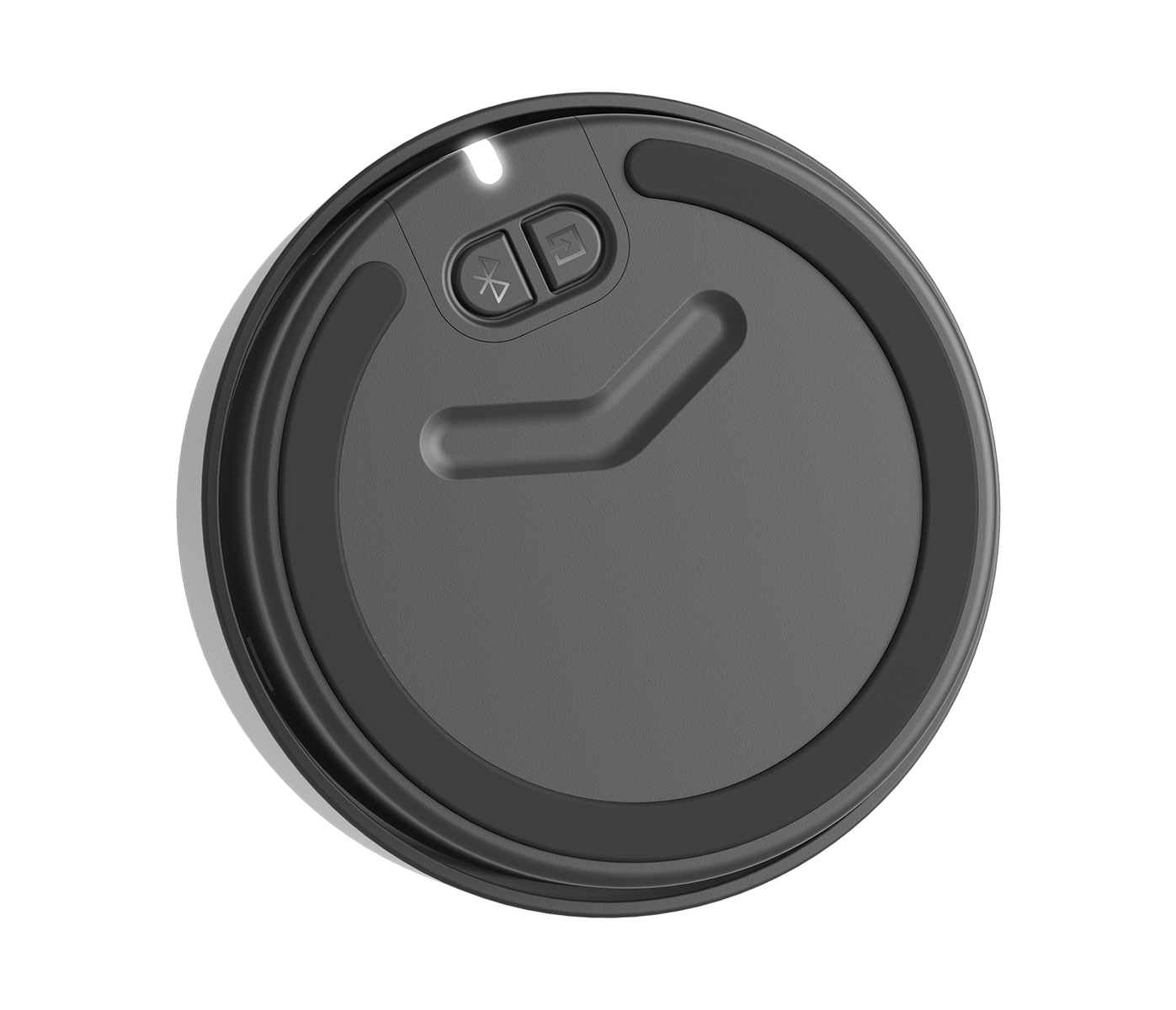 Una vista inferior de un dispositivo gris circular con dos botones y un indicador de carga.