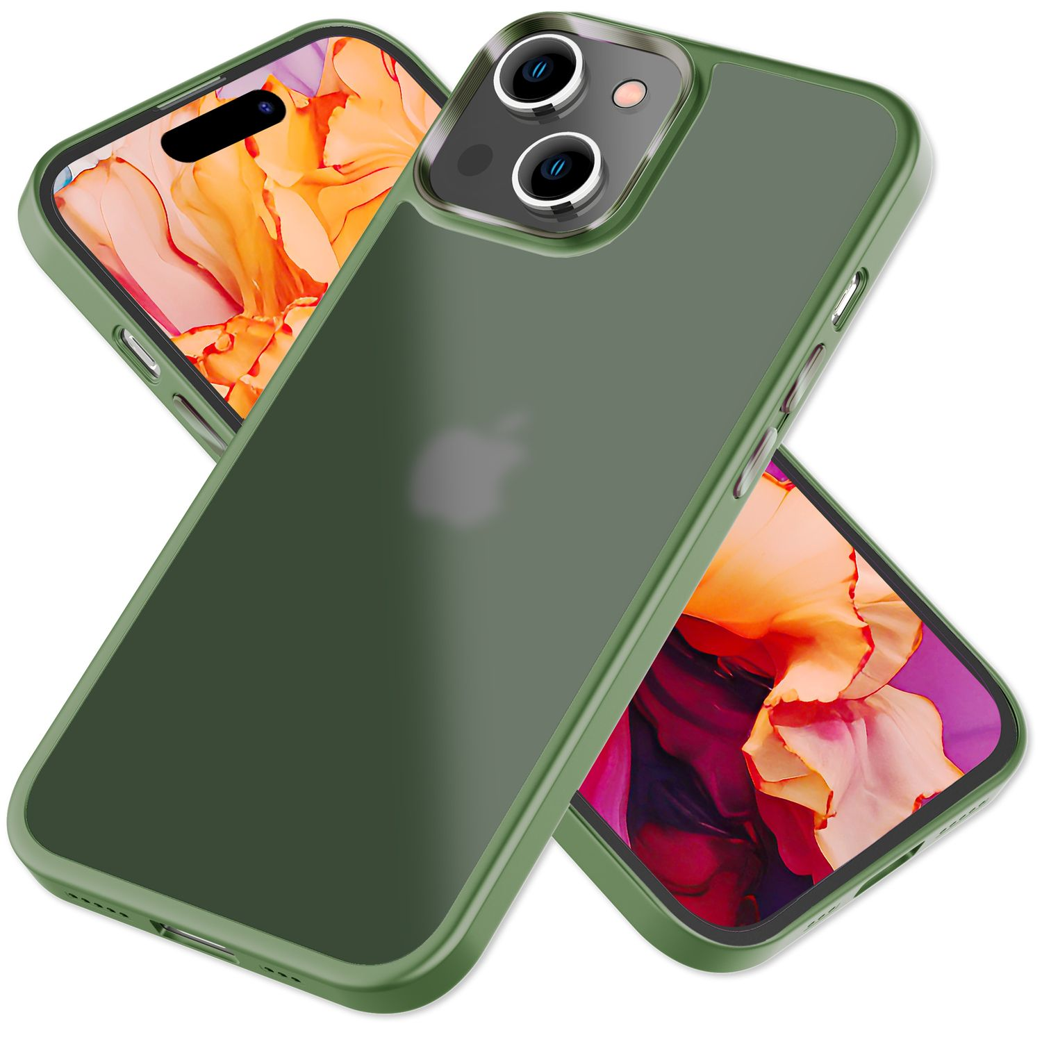 Grüne Handyhülle auf zwei Handys mit klarer Kameralinsenabdeckung.