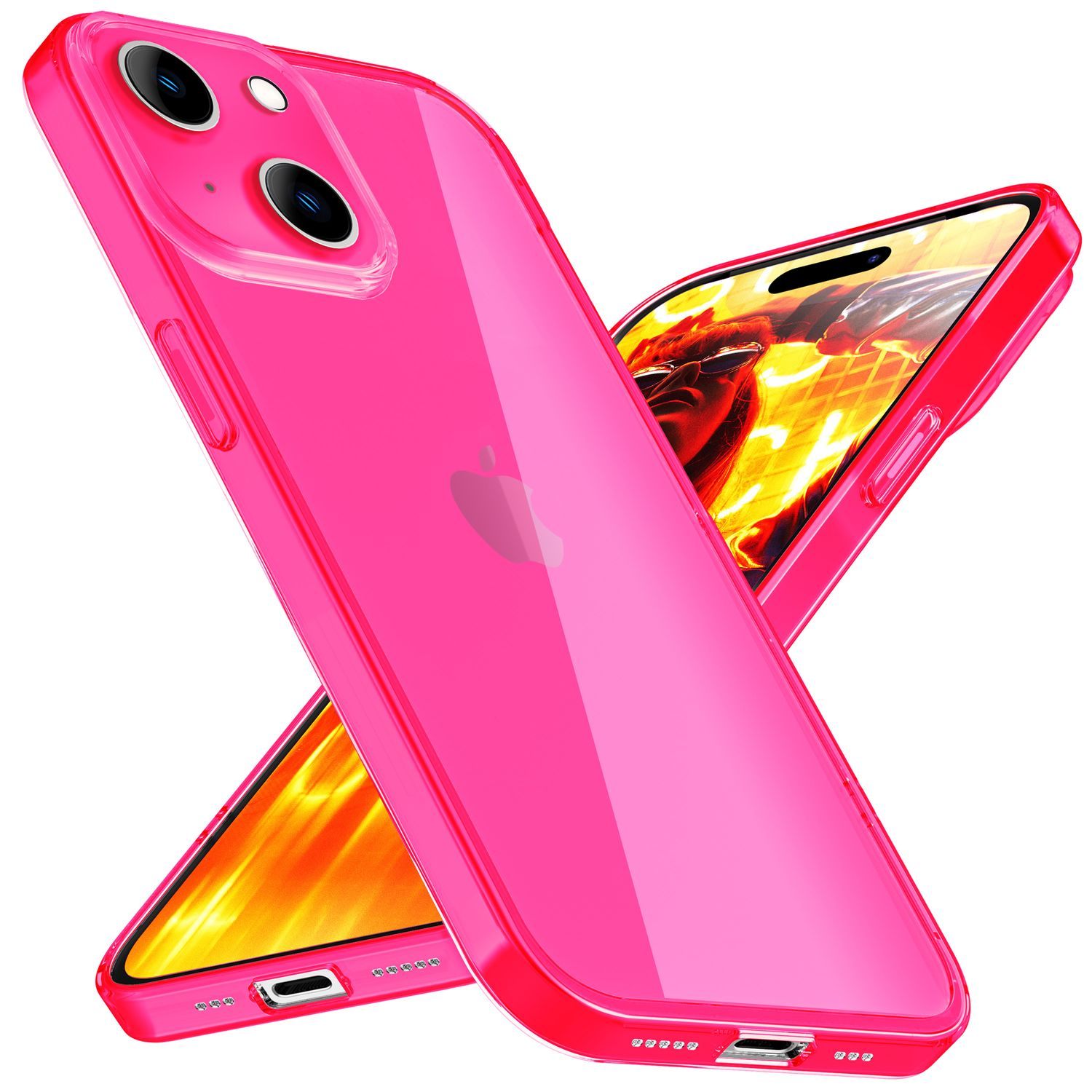 Dos fundas rosas para teléfono, una encima de la otra, con el logo de Apple visible.