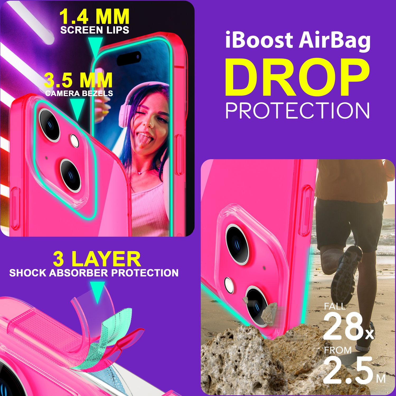 Un teléfono en una funda protectora rosa. Los gráficos adicionales muestran funciones y clasificaciones de protección.