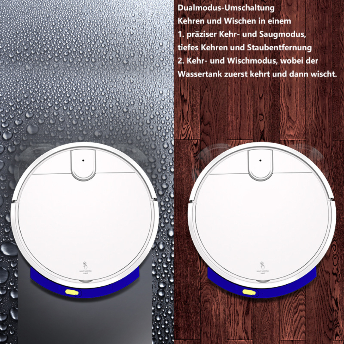 Zwei Roboter-Staubsauger mit Text, der den Dualmodus-Umschalter und die Reinigungsmodi beschreibt.