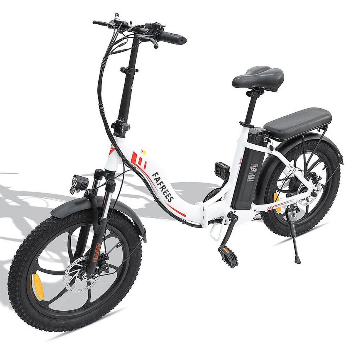 Weißes Elektrofahrrad mit schwarzen Reifen, Sitz und Lenker. Ein Akku ist am Rahmen montiert.