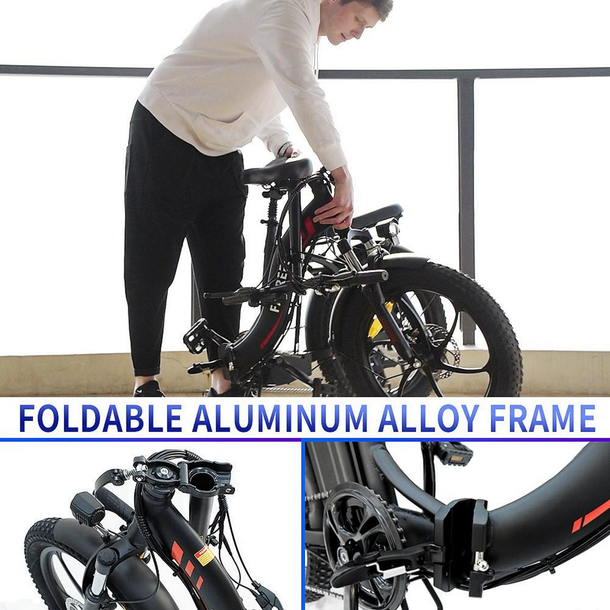 Person faltet ein schwarzes Elektrofahrrad zusammen. Details des Faltmechanismus sichtbar.