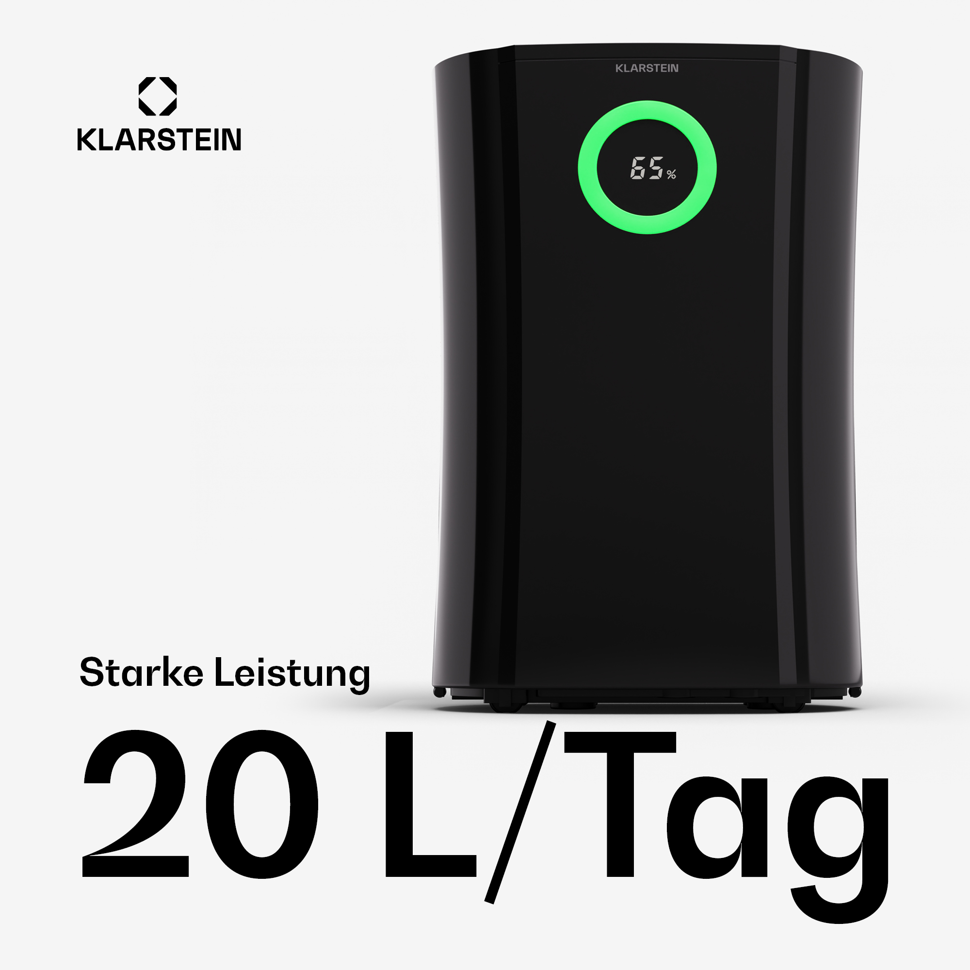 Schwarzer Luftreiniger mit Display, 65%. Der Text sagt 20L/Tag.