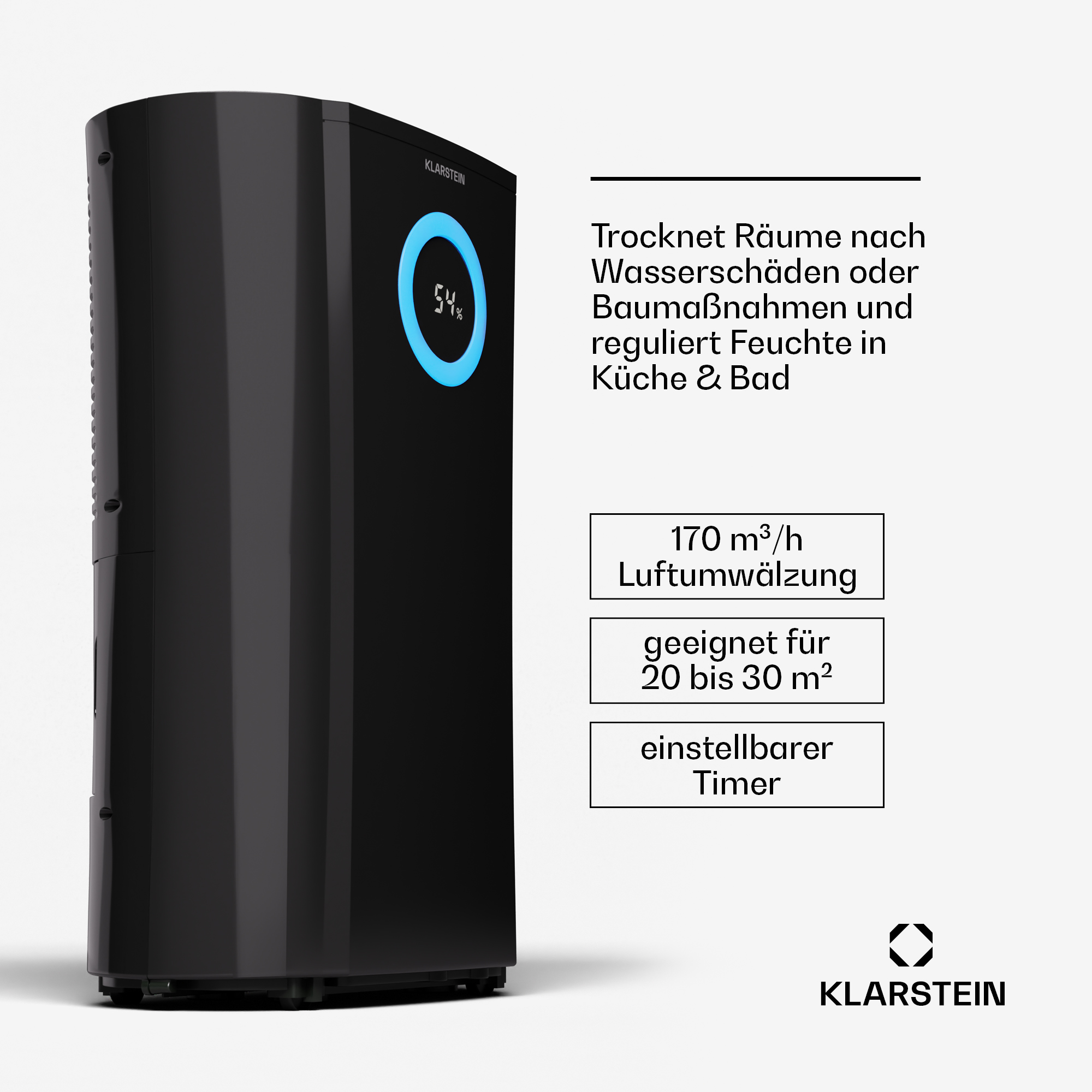 Schwarzer Luftentfeuchter mit blauem Display, das 54% zeigt. Text: Räume trocknen, Feuchtigkeit regulieren.