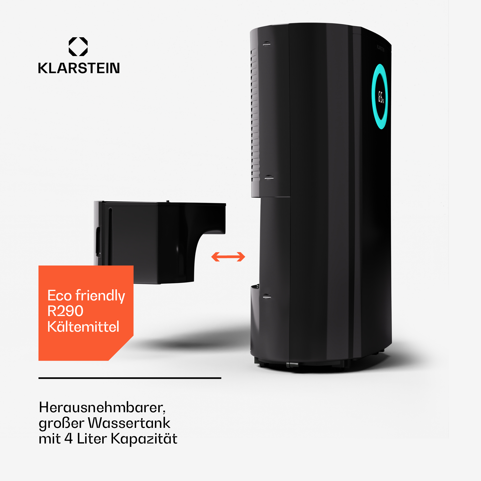Schwarzer Wasserkühler mit schwarzem Wassertank. Text weist auf umweltfreundliches R290-Kühlmittel hin.