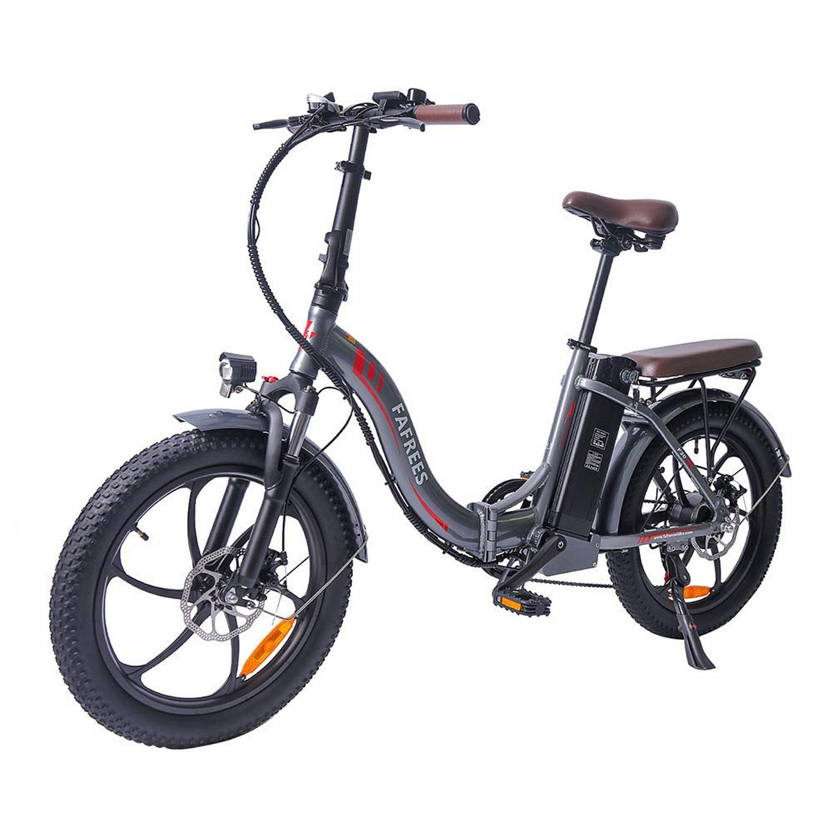 Graues, elektrisches Klappfahrrad, Seitenansicht. Verfügt über große Reifen, einen Gepäckträger und einen braunen Sitz.