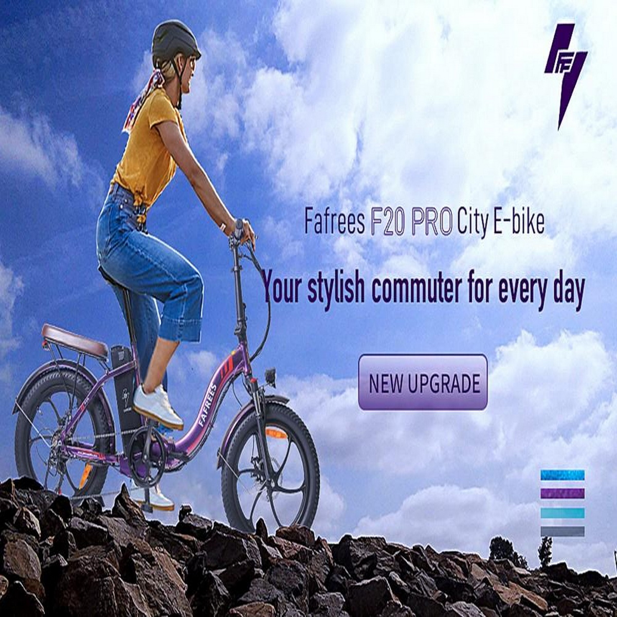 Frau fährt lila E-Bike auf Felsen vor blauem Himmel. Text: "Fafrees F20 PRO City E-Bike".