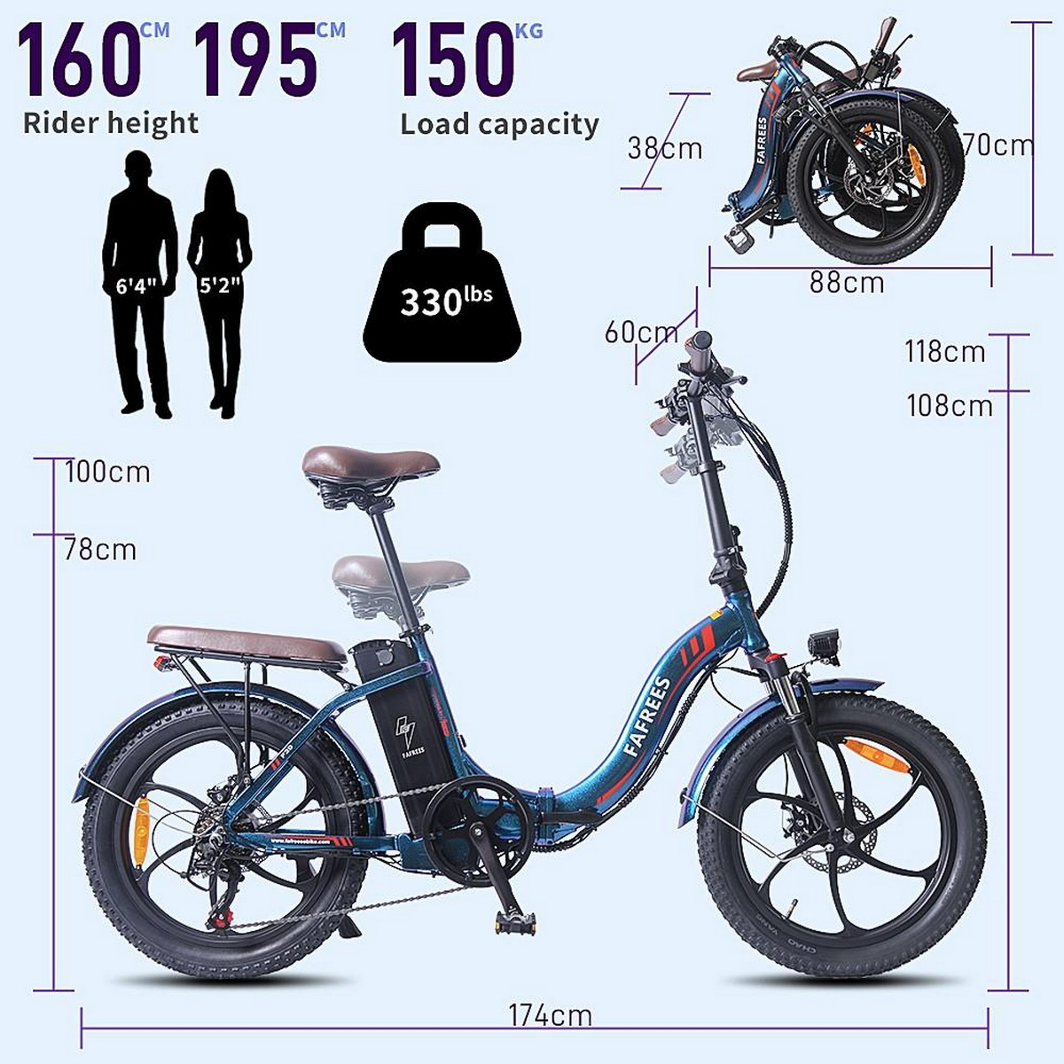 Ein Elektrofahrrad mit Abmessungen und Silhouetten von zwei Personen. Das Fahrrad ist blau mit schwarzen Reifen und einem braunen Sitz.