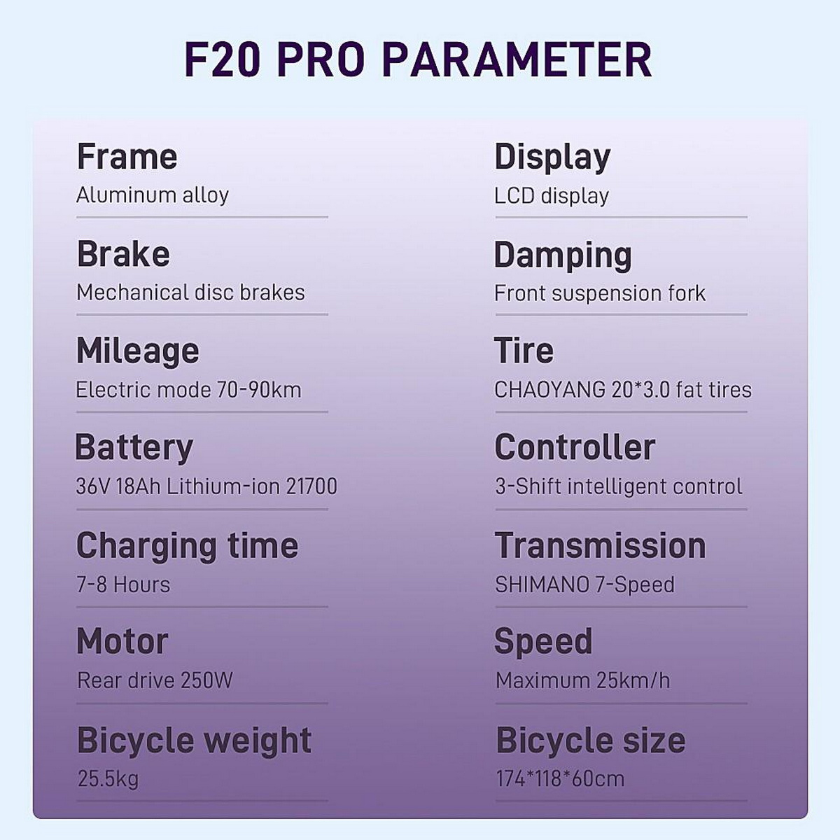 F20 PRO Fahrrad-Parameter-Tabelle, einschließlich Rahmen, Bremse, Batterie und Größenangaben.