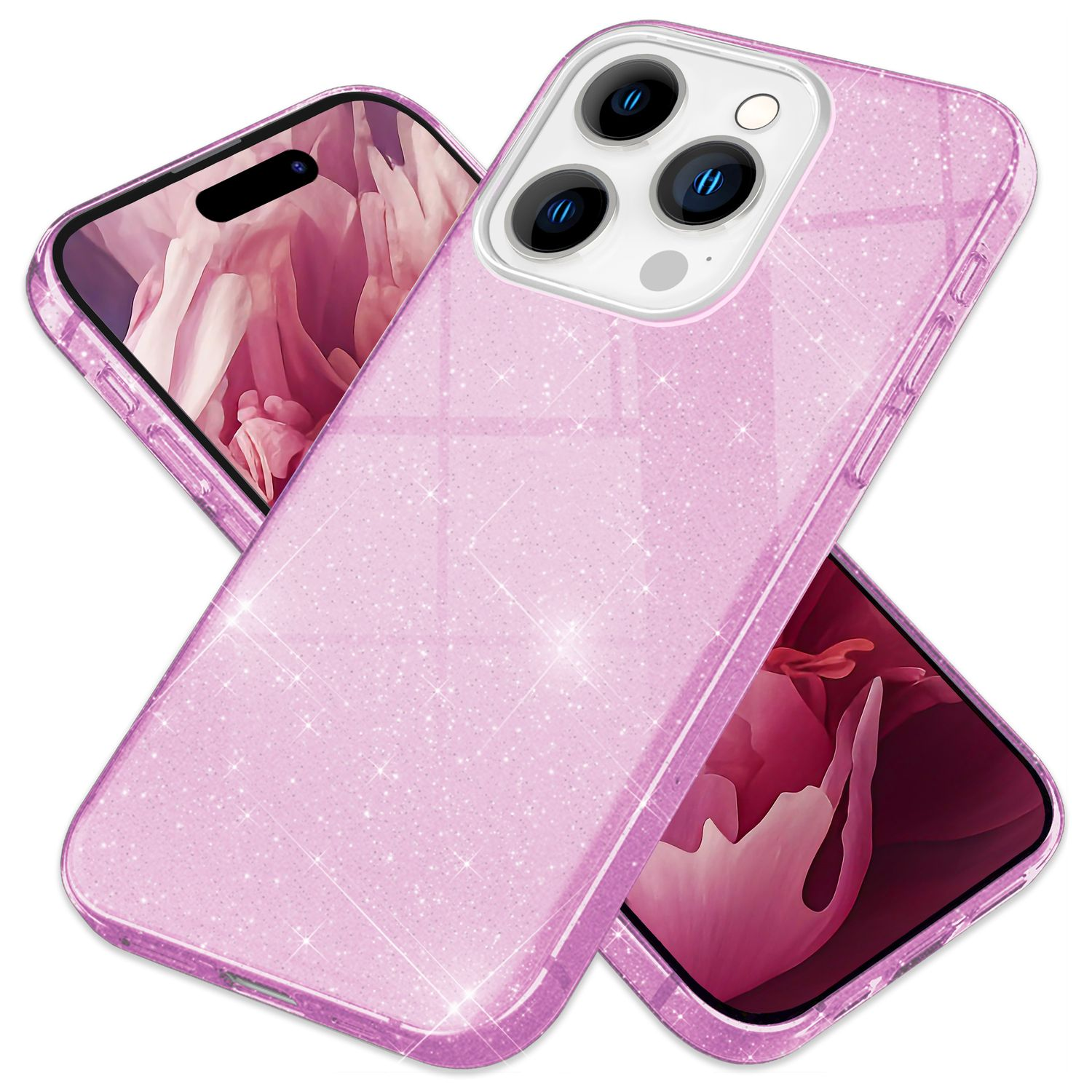 iPhone mit pinkfarbener Glitzer-Handyhülle. Zwei Telefone sind abgewinkelt, eines im Hintergrund.