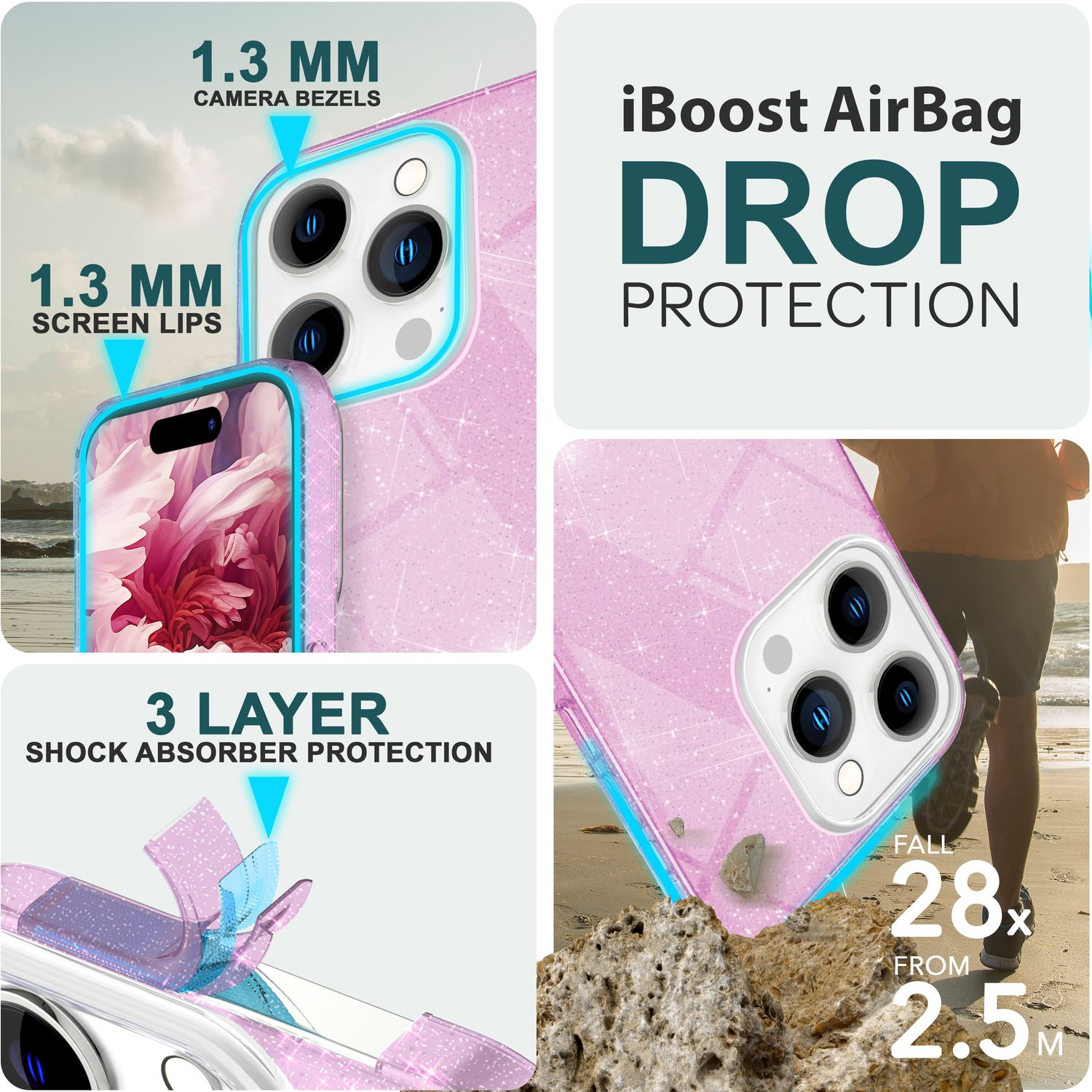 Nahaufnahme einer pinkfarbenen Handyhülle mit Displayschutz, Stoßdämpferschutz.