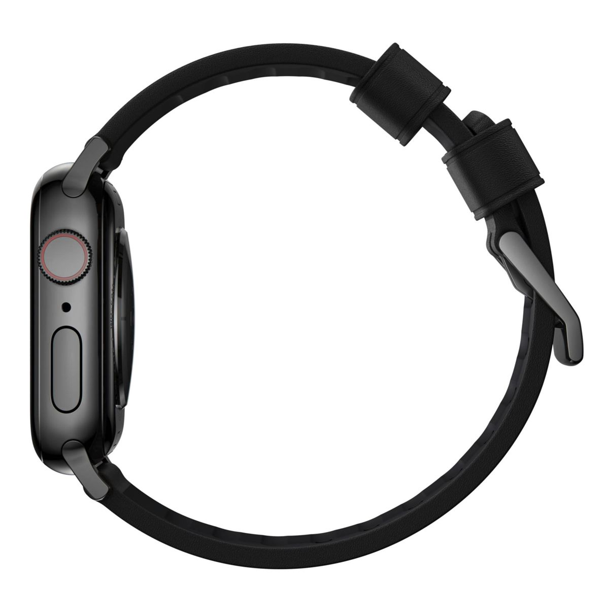 Eine Smartwatch mit schwarzem Armband und schwarzem Gehäuse, im Profil betrachtet.