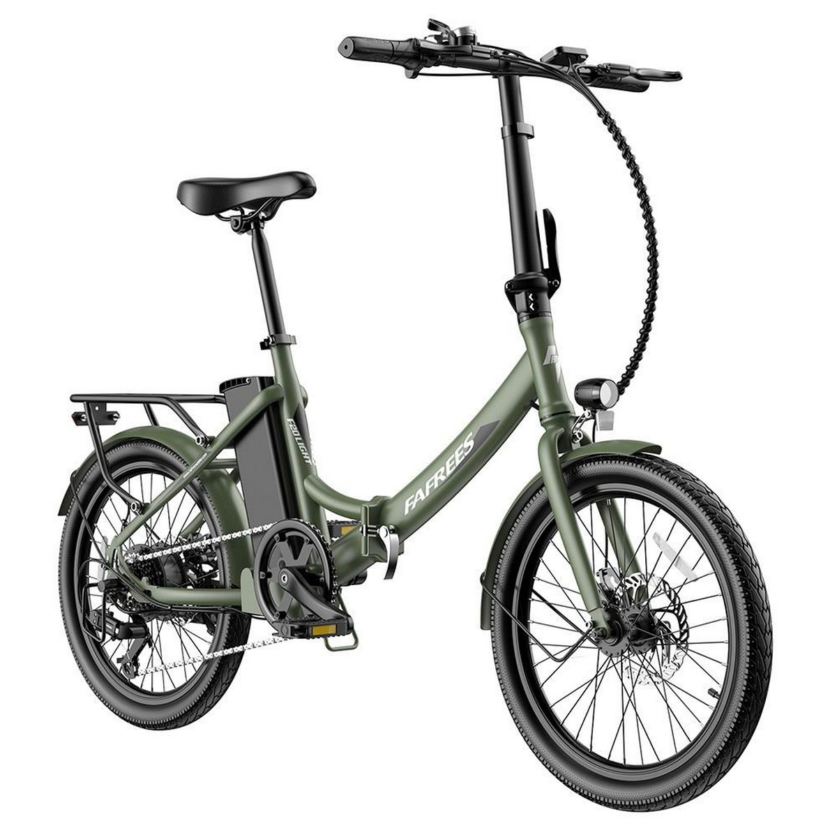Grünes elektrisches Klapprad auf weißem Hintergrund. Seitenansicht.