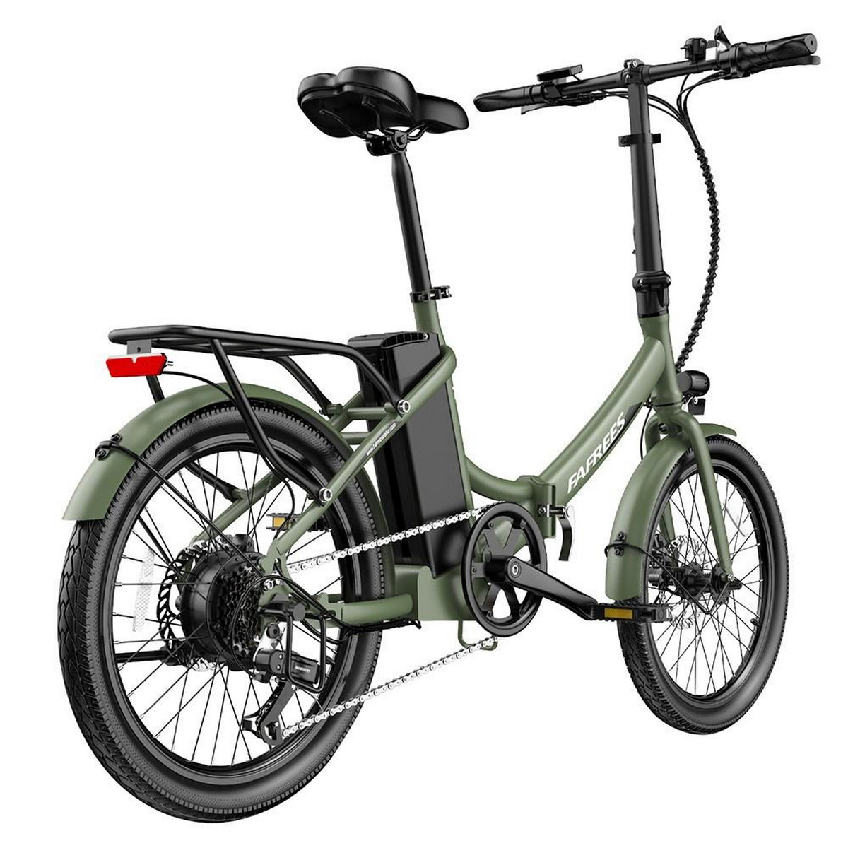 Grünes, zusammenklappbares Elektrofahrrad. Es hat einen schwarzen Sitz, Akku und Räder.