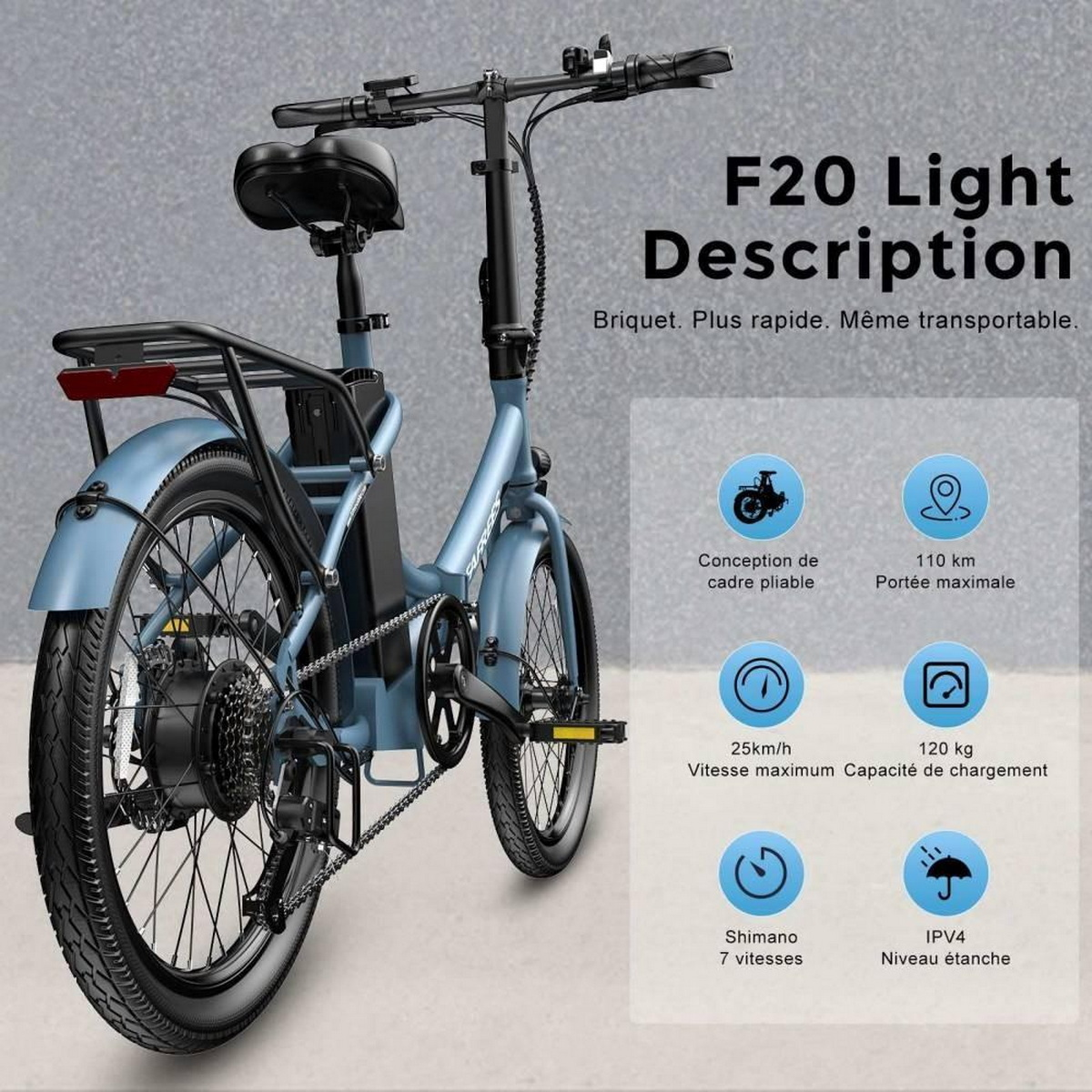 Blaues Elektro-Klapprad mit Text zu seinen Eigenschaften. Inklusive Icons.