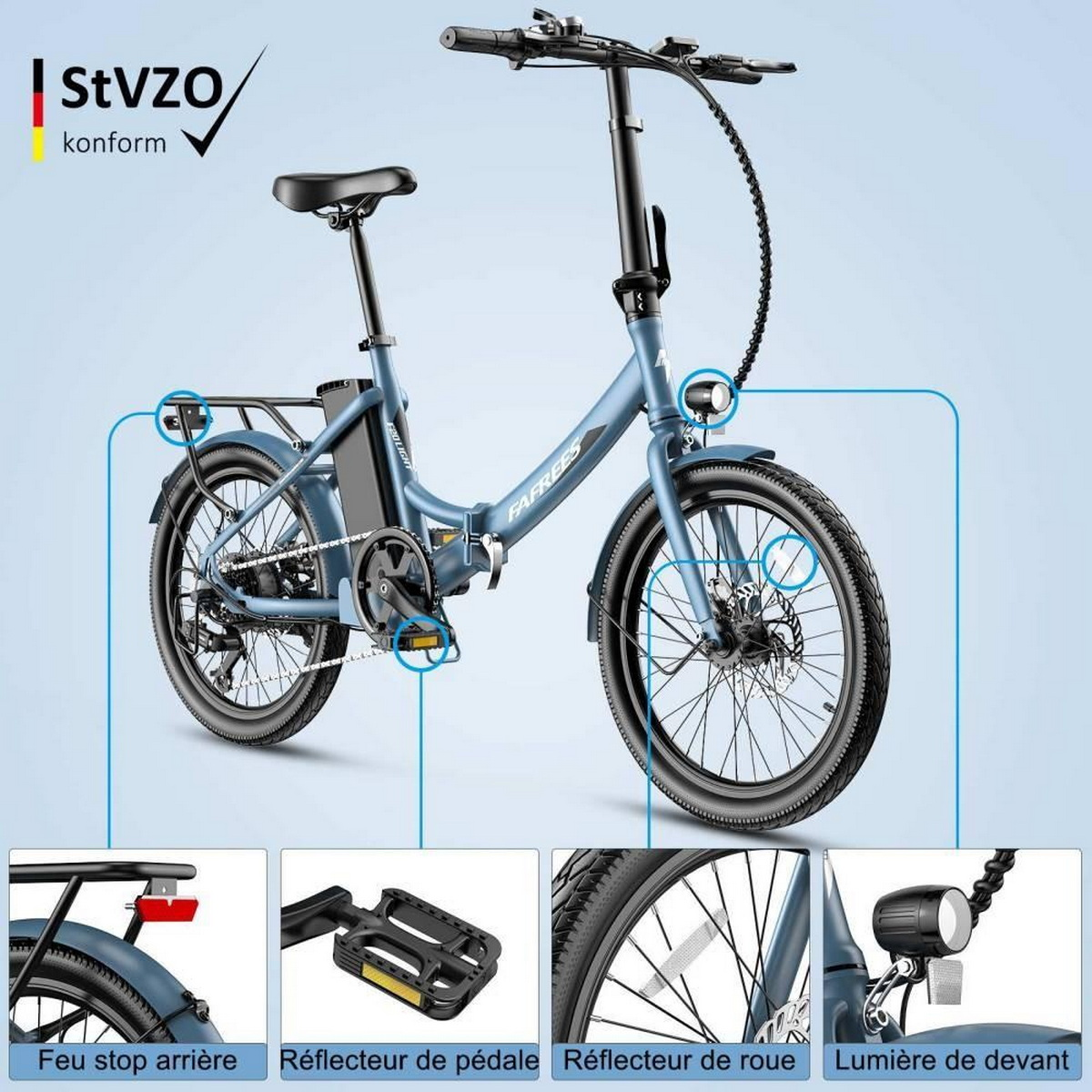 Ein Elektrofahrrad mit Beschriftungen, die auf Lichter und Reflektoren zeigen.
