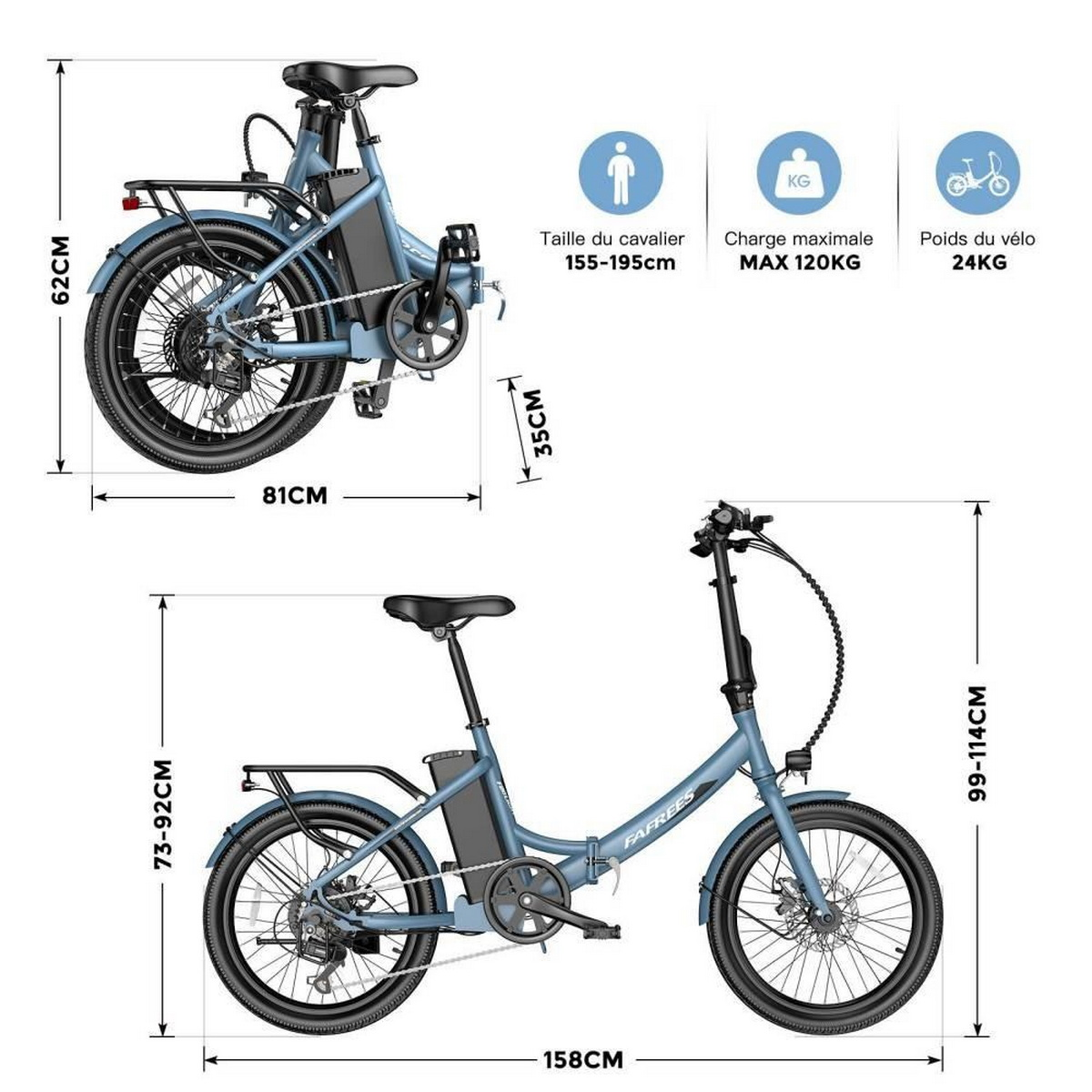 Zwei blaue Elektrofahrräder mit Abmessungen. Eines gefaltet, eines entfaltet, Details zu Größe und Gewicht.