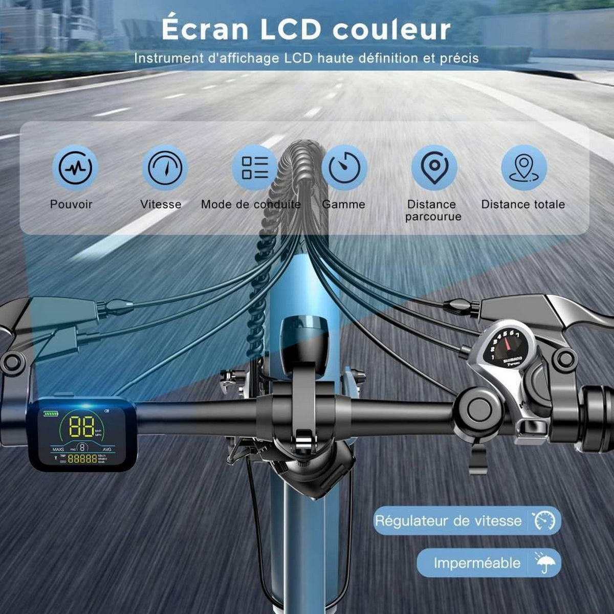 Nahaufnahme des Fahrradlenkers mit digitaler Anzeige von Geschwindigkeit und Daten.