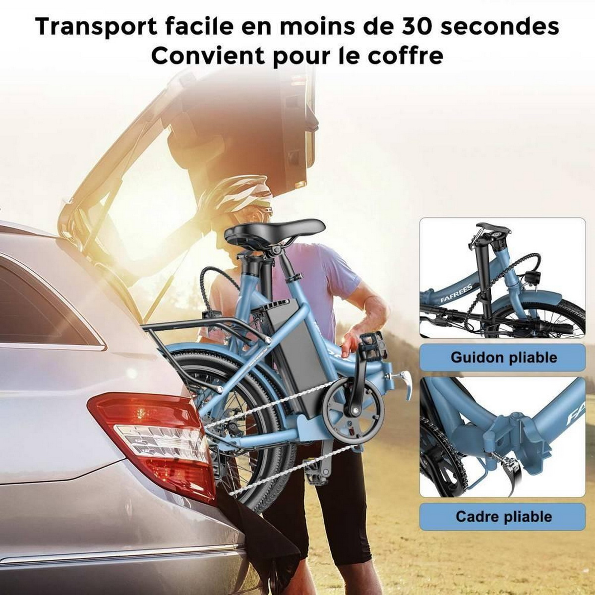 Zusammenklappbares blaues Elektrofahrrad wird in den Kofferraum eines Autos geladen.