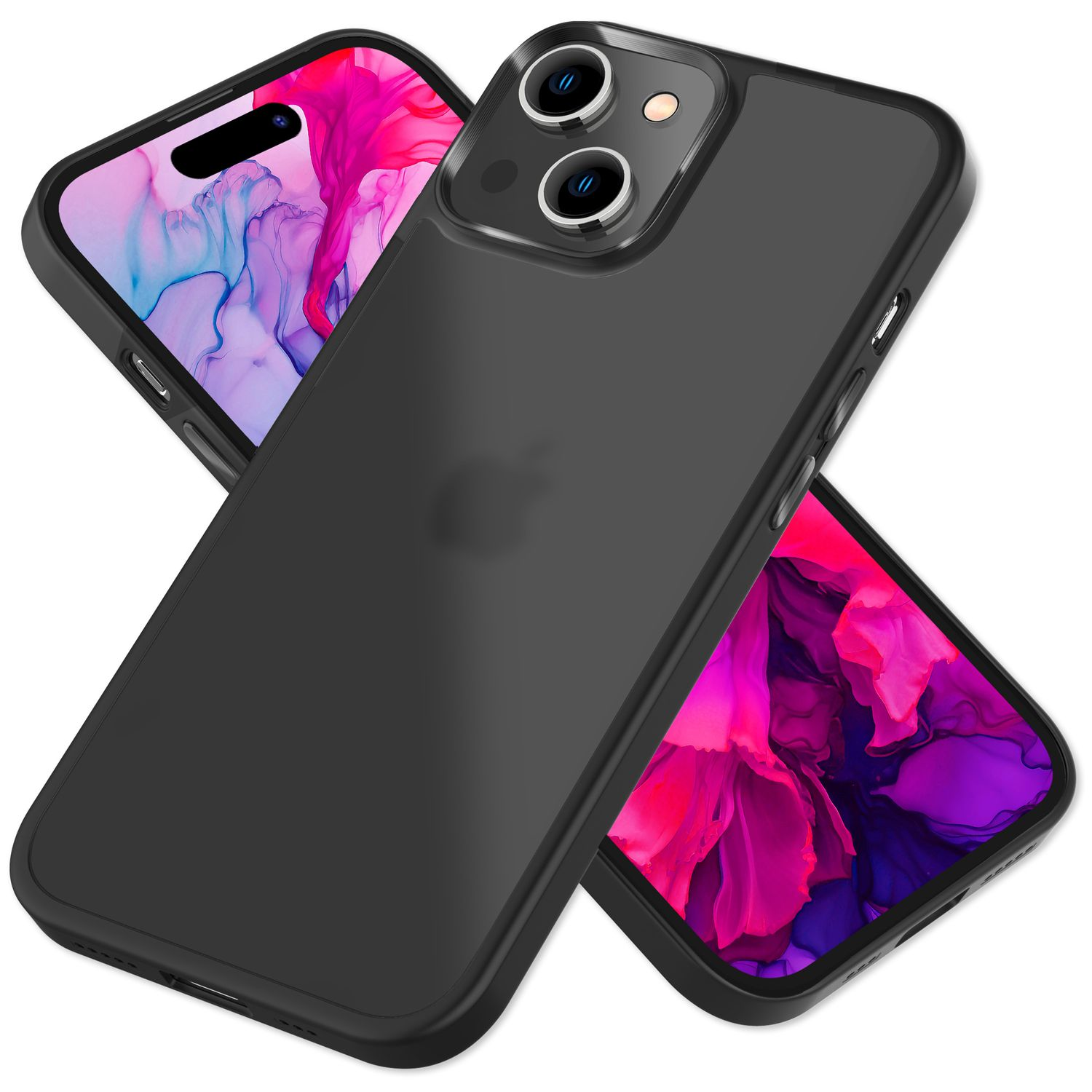 Schwarze Handyhüllen mit einem Telefon darin, das Telefon ist schwarz und hat zwei Kameras.