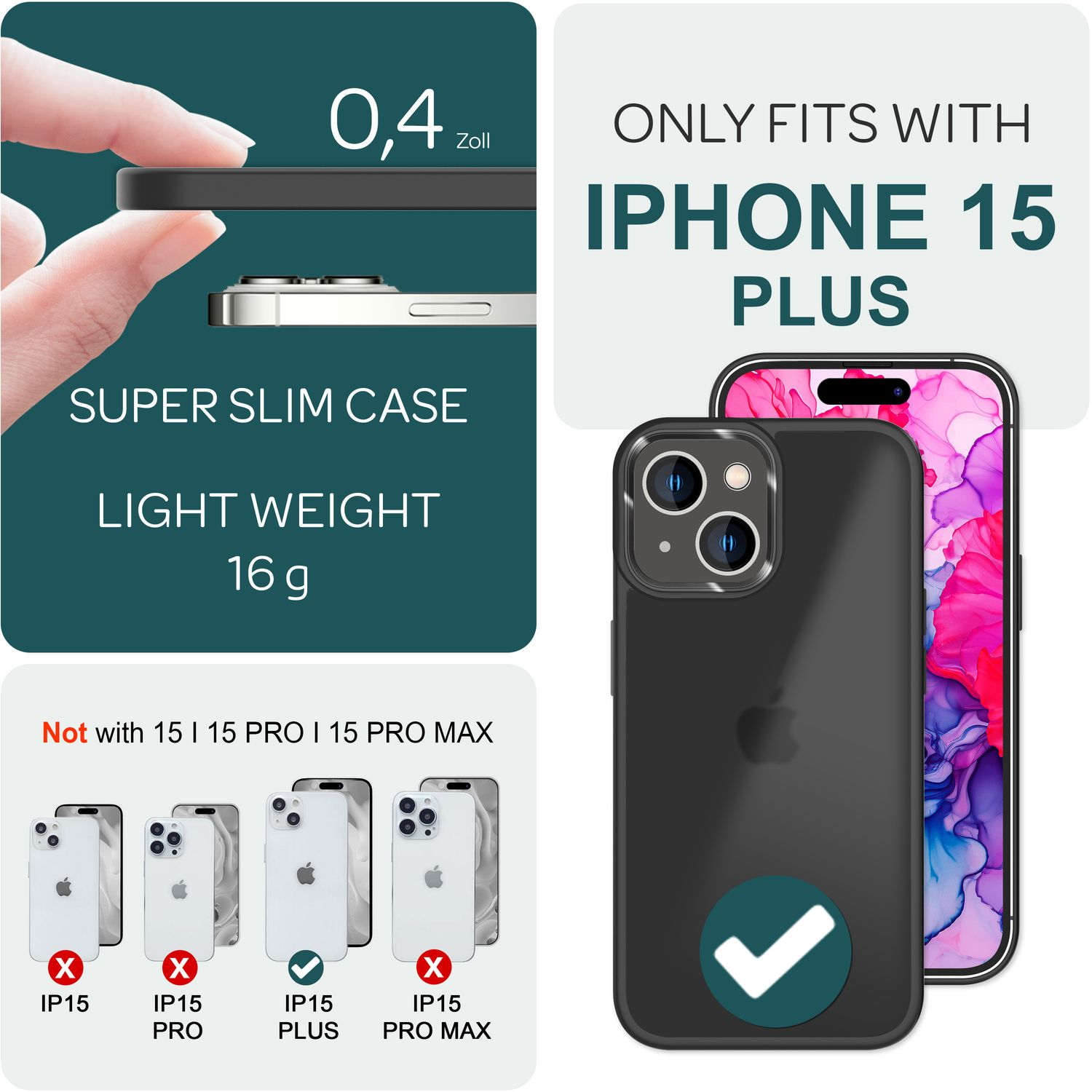 Coque iPhone blanche et noire, texte indiquant la compatibilité uniquement avec iPhone 15 Plus.