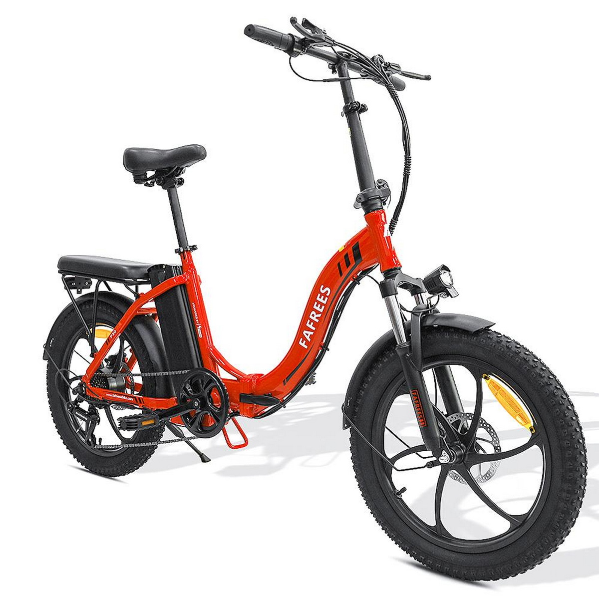 Rotes und schwarzes FaFrees Elektro-Klappfahrrad, weißer Hintergrund.