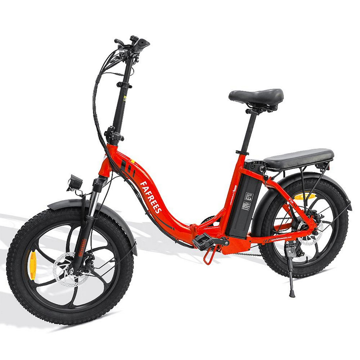 Rotes, zusammenklappbares Elektrofahrrad mit schwarzen Reifen und Akku.