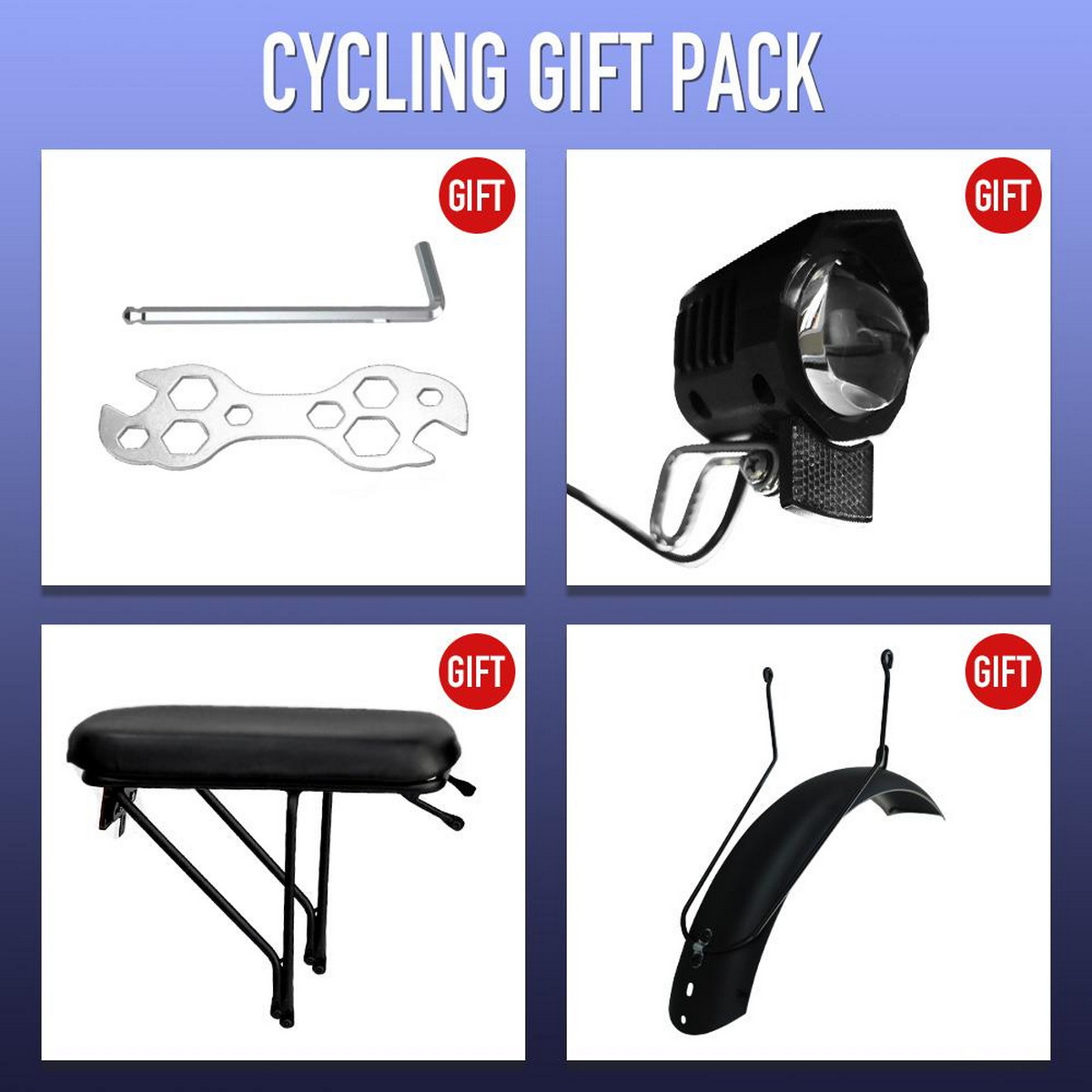 Fahrrad-Geschenkpaket mit Schraubenschlüssel, Licht, Gepäckträger und Schutzblech, mit Geschenkanhängern.