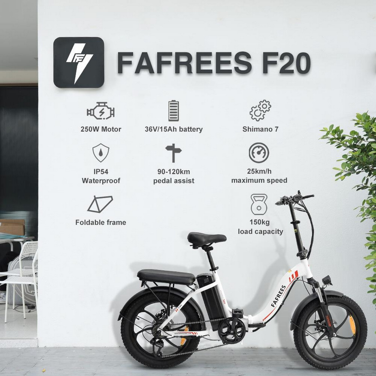 Weißes Elektrofahrrad mit Text.