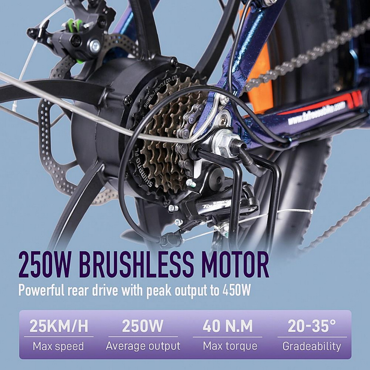 Hinterrad eines E-Bikes mit 250W bürstenlosem Motor. Specs: 25 km/h, 250W, 40 N.M, 20-35°.