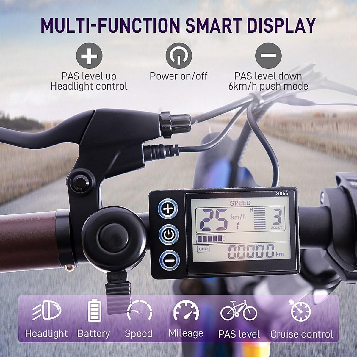 Nahaufnahme eines E-Bike-Displays mit Geschwindigkeit und Akkustand.