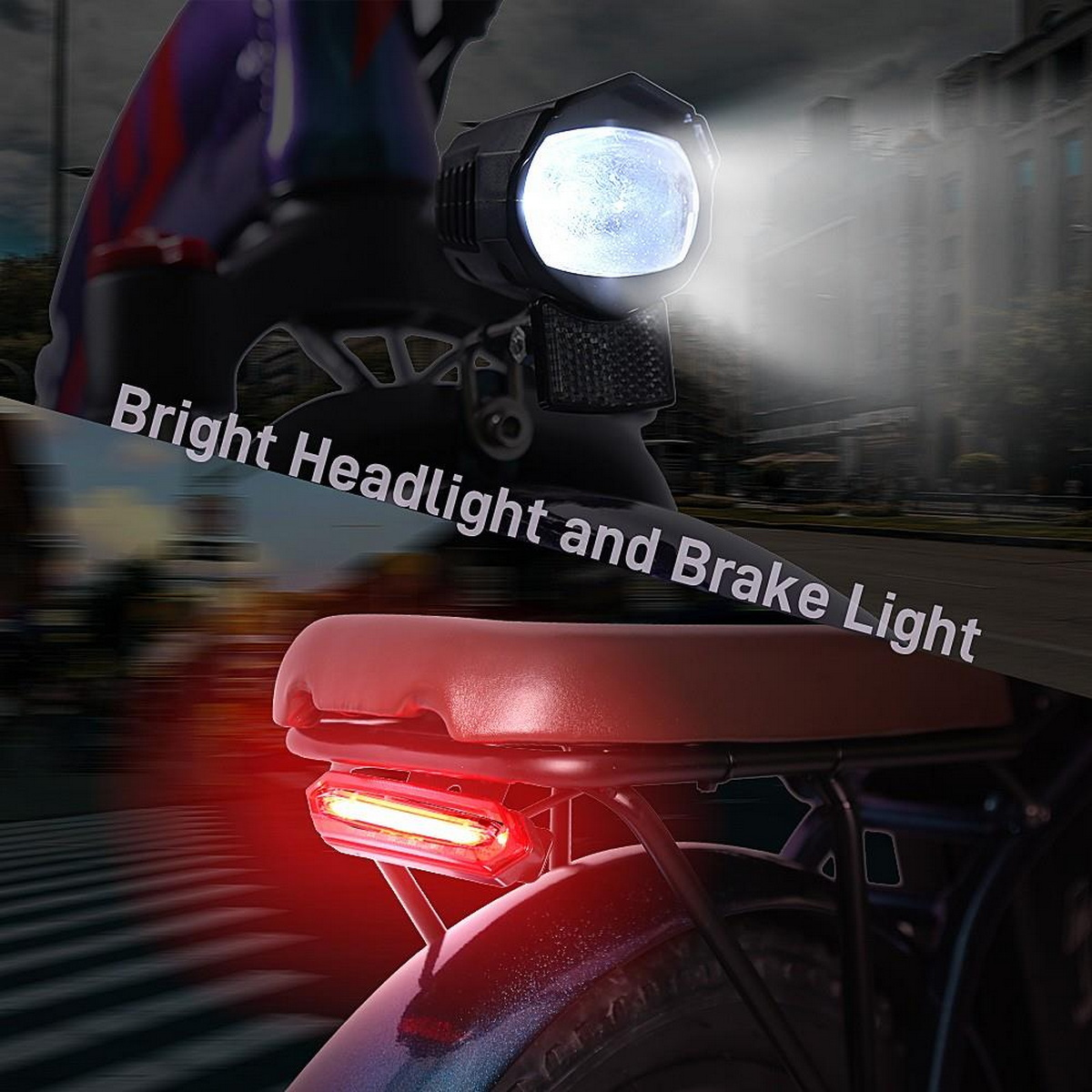 Ein Fahrrad mit hellem Scheinwerfer und rotem Bremslicht.