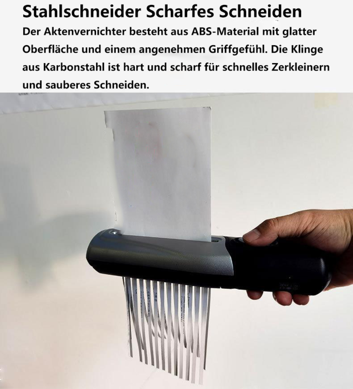Ein Papierschredder in Gebrauch, der ein Papier schreddert. Der Text beschreibt das Produkt.