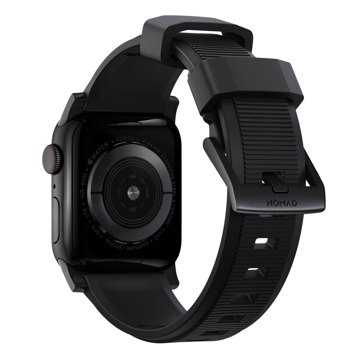 Schwarze Apple Watch mit schwarzem Armband. Die Uhr wird von hinten betrachtet.