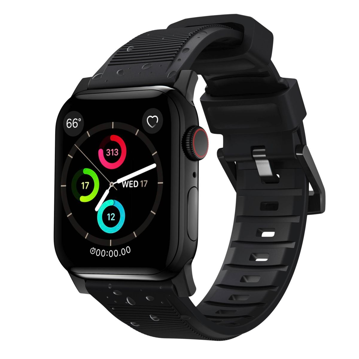 Eine schwarze Apple Watch mit schwarzem Armband, die ein Zifferblatt mit Uhrzeit, Datum und Aktivitätsringen anzeigt.