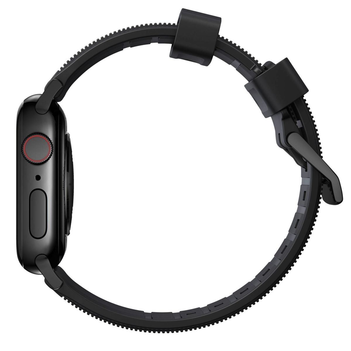 Schwarze Smartwatch mit schwarzem Armband, Seitenansicht mit Zifferblatt und Armbanddetails.