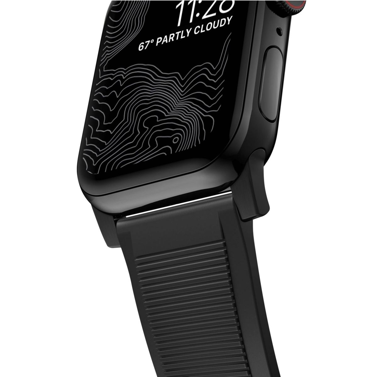 Schwarze Apple Watch mit schwarzem, geripptem Armband, zeigt einen Bildschirm mit einer Karte.