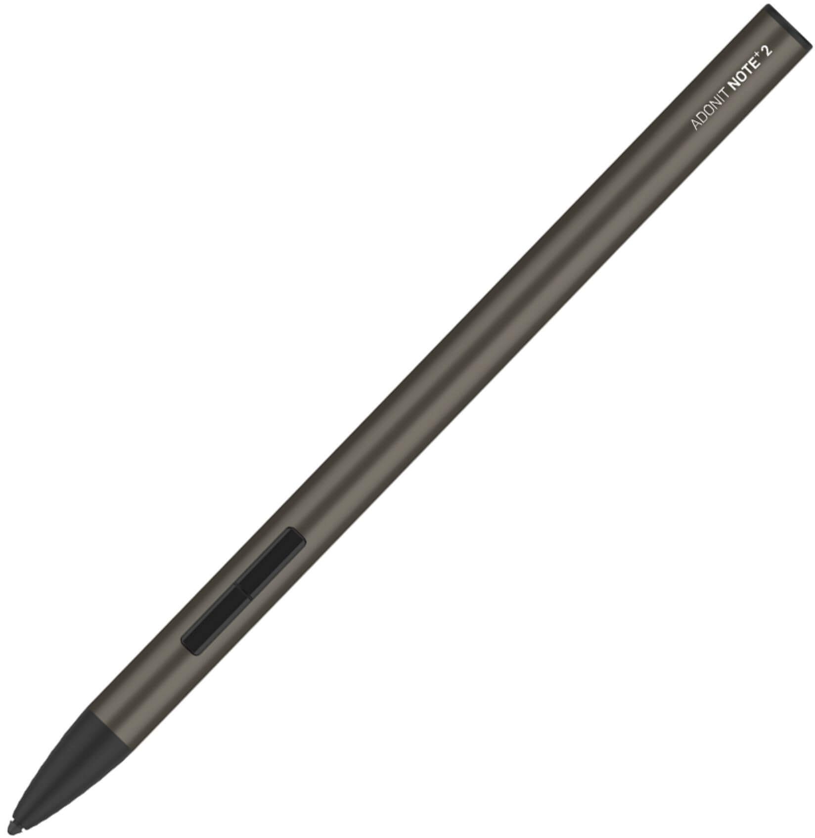 Una penna stilo grigio scuro è mostrata su sfondo bianco, con un pulsante laterale.