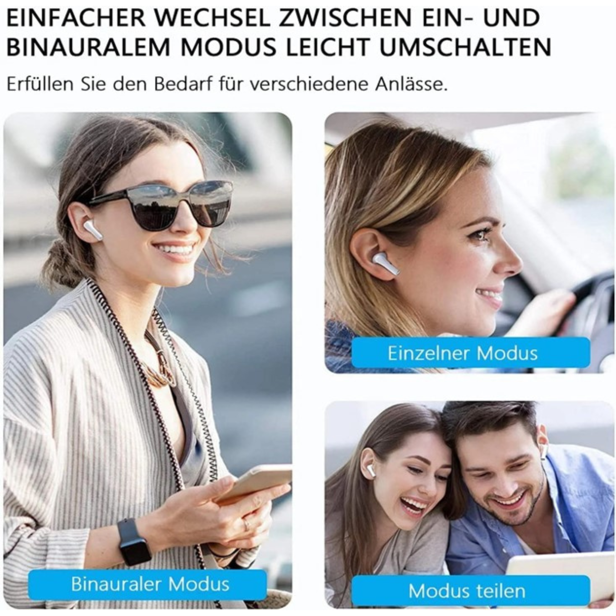 Trzy panele pokazujące osoby używające słuchawek w różnych scenariuszach: tryb pojedynczy i binauralny.