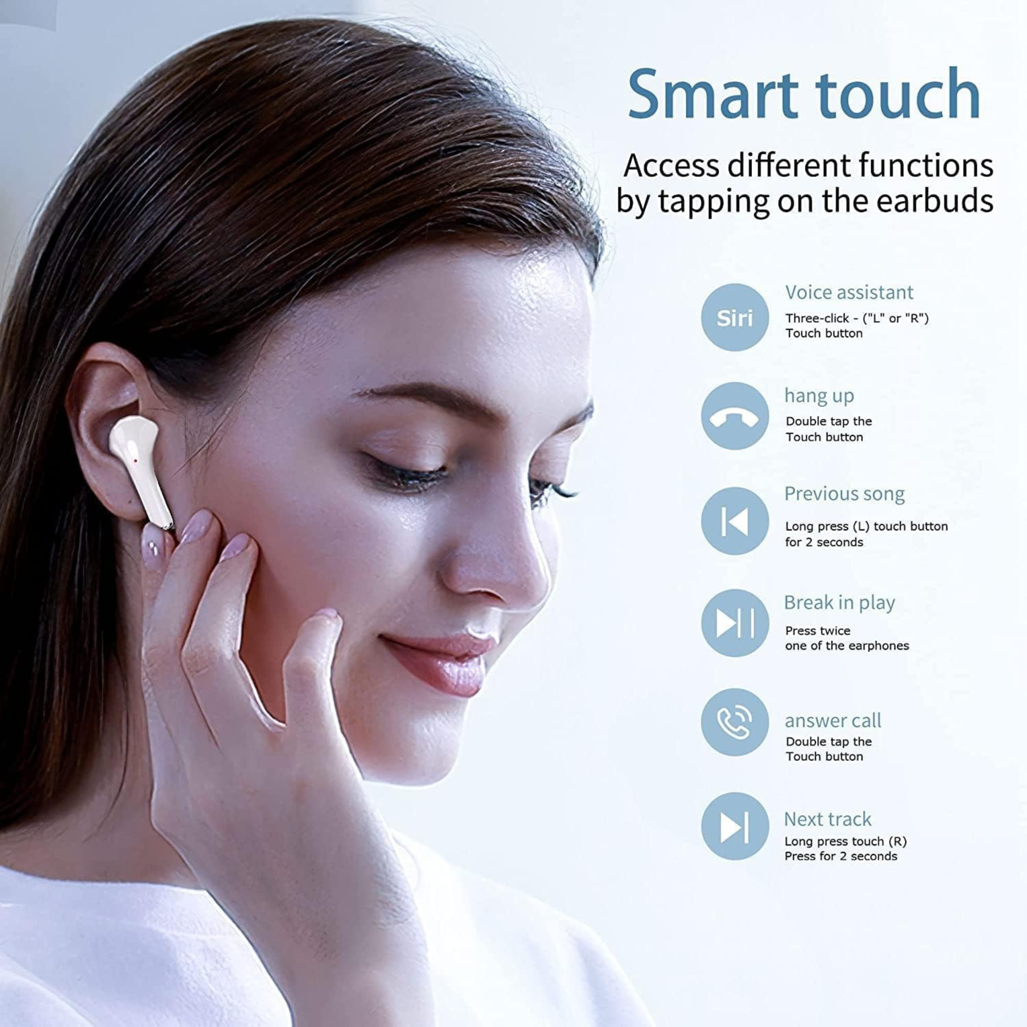 Kobieta używająca białych słuchawek. Tekst pokazuje funkcje: asystent głosowy, rozłącz, poprzedni utwór, przerwa w odtwarzaniu.